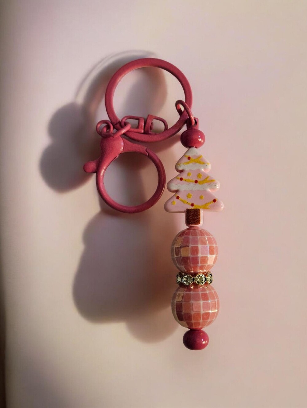Pink Beaded Christmas Tree Keychain